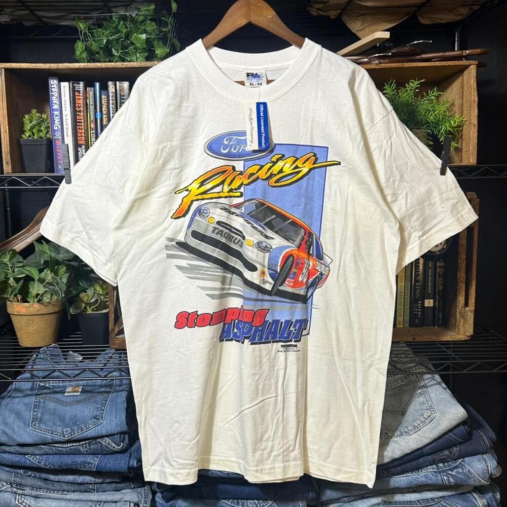 Vintage 90s Deadstock Ford Racing NASCAR Tee White and Blue Racing Shirt Mens XL